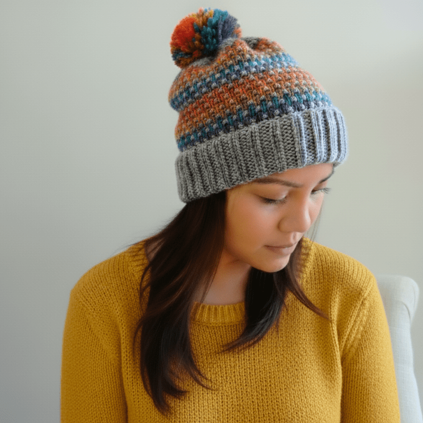 Self Striping Spectrum Beanie with Pom Pom