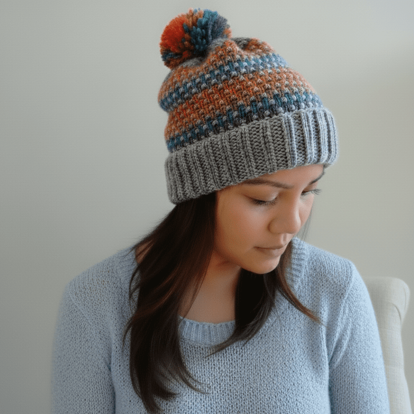 Self Striping Spectrum Beanie with Pom Pom light blue shirt
